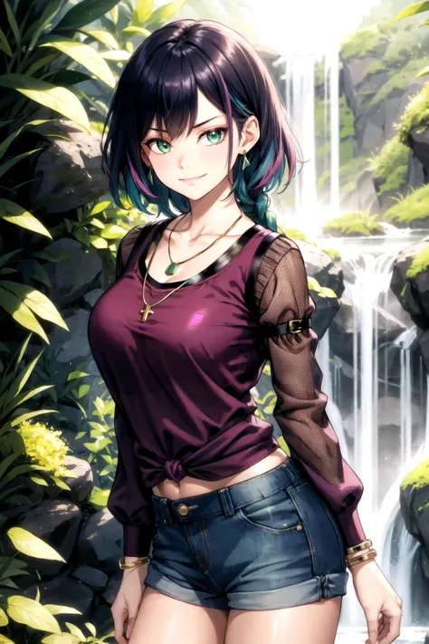 beauty photo, undressing, panty pull, amateur photo, 1girl, mature, low angle, Sympathy mood, pulled by self, clothes pull, (tanga brief:0.9), Emerald-colored Mesh long-sleeve top, denim shorts, statement necklace, and cuff bracelet, Fuchsia-colored Waterfall braid, seductive smirk, Lean body shape, round boobs, silhouette lighting, hologram effect,