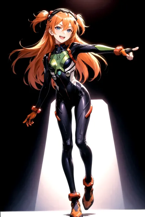 asuka, 1girl, solo, long hair, looking at viewer, smile, open mouth, blue eyes, simple background, orange hair, hair ornament, gloves, hair between eyes, standing, full body, :d, small breasts, from side, two side up, parted bangs, bodysuit, leaning forward, turtleneck, headgear, happy, outstretched arm, pointing, black background, foreshortening, index finger raised, legs apart, pilot suit, bracer, plugsuit, pointing at viewer, red bodysuit, skinny, Neon Genesis Evangelion