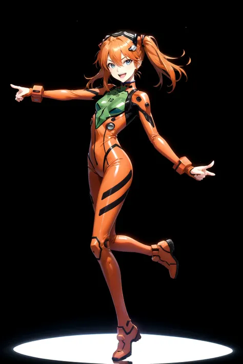 asuka, 1girl, solo, long hair, looking at viewer, smile, open mouth, blue eyes, simple background, orange hair, hair ornament, gloves, hair between eyes, standing, full body, :d, small breasts, from side, two side up, parted bangs, bodysuit, leaning forward, turtleneck, headgear, happy, outstretched arm, pointing, black background, foreshortening, index finger raised, legs apart, pilot suit, bracer, plugsuit, pointing at viewer, red bodysuit, skinny, Neon Genesis Evangelion