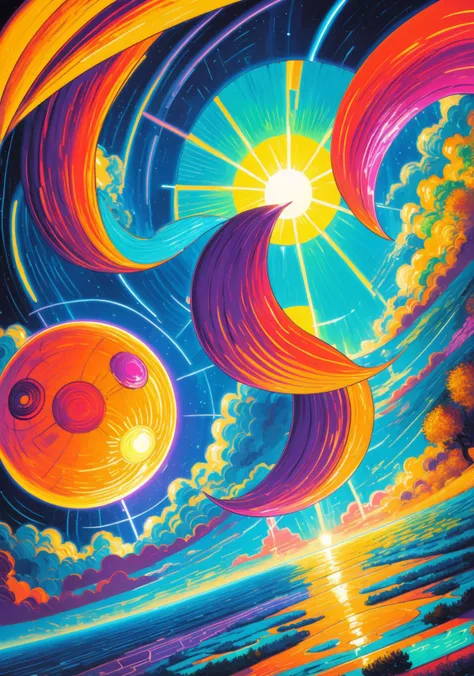 A vibrant oil painting close up of a sun and mon by Vincent van Gogh, trending on Artstation,stunning color scheme, masterpiece<lora:HUD_N90s_Anime-08:0.8>, HUD_Neon_90s_Anime