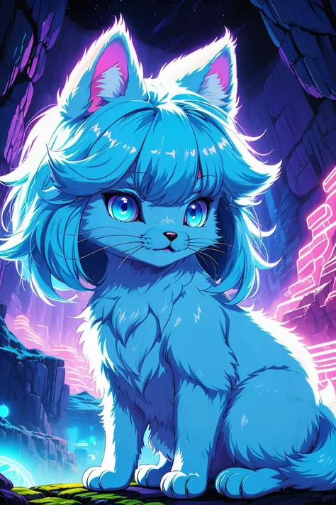 a fluffy alien creature that is a mix between a cat and an arctic fox, marbled light and dark fir, light eyes, cute, digital photography, in a cave <lora:HUD_N90s_Anime-08:0.6>, HUD_Neon_90s_Anime