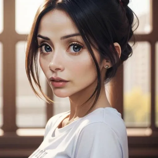 1girl, solo, (n4t1mb),looking at viewer, facial focus,portrait,tomboy hair, tshirt, female focus, blurred background, luxury interior
