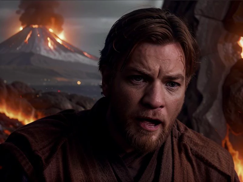 frame from blockbuster movie, The man screams in grief, dramatic, extremely emotional, open mouth, A desperate look, talking men, obi-wan, focus on face, looking at viewer, epic volcano lava scenery, black rocks, contrast red light of lava flame, dark scene, night, contrast, closeup face, (best quality:1.5), highly detailed, high resolution, realistic, hyper-realistic, photojournalistic style, real photography, <lora:obi-wan obw man sd:0.7> obw man, Ewan McGregor, <lora:ExoMagmaTech:0.3> <lora:emotions_lora:0.8>, You were supposed to fight evil not join it <lora:lora_perfectsmile_v1_from_v1_160:0.3> <lora:screaming:0.6> open_mouth