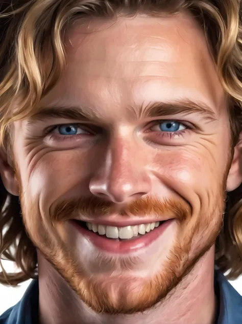 aaronsynthxl, studio portrait, realistic, wavy messy hair,
smile,  
simple background,  
from below,
