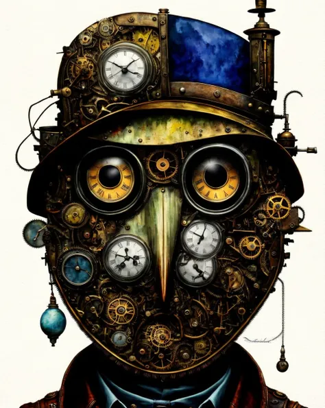 surrealism, anthro, Award winning ultra realistic Full body watercolor painting of an (((Anthropomorphic))) evil ((steampunk)) owl, 10k high resolution, ink drips, Perfect skin, perfect hands, sss, high quality macro photo, render, colorfulsurrealismai, <lora:epiNoiseoffset_v2:1>