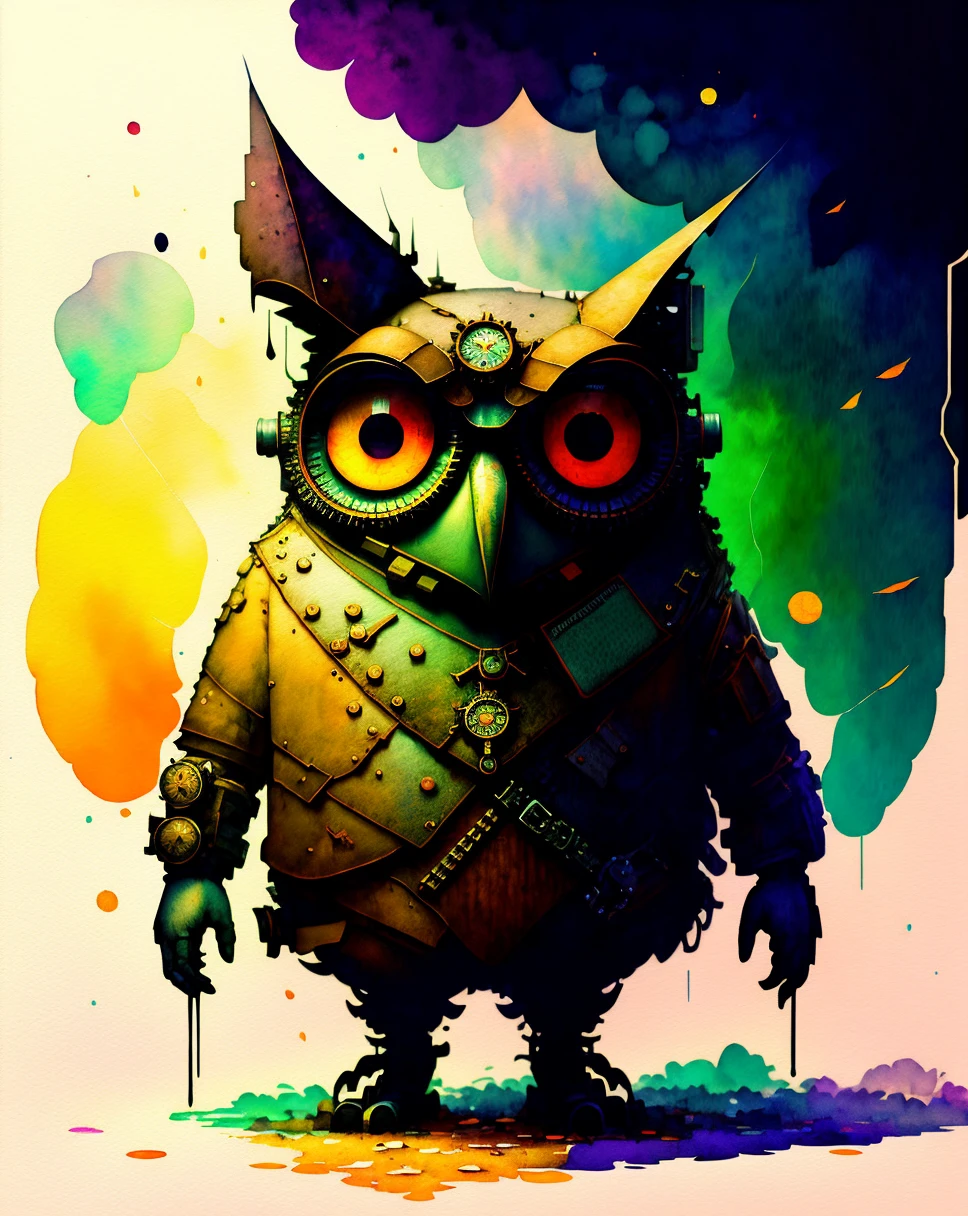 wtrcolor style, surrealism, anthro, Award winning ultra realistic Full body watercolor painting of an (((Anthropomorphic))) evil ((steampunk)) owl, 10k high resolution, ink drips, Perfect skin, perfect hands, sss, high quality macro photo, render, colorfulsurrealismai, eonn, <lora:vividWatercolorsLora_10:1>