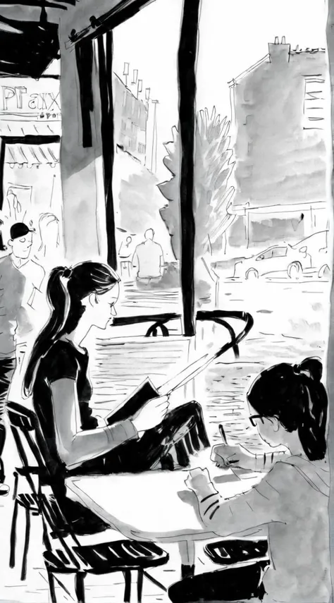 drawix2 girl in a cafe in the background people<lora:drawix2:1>