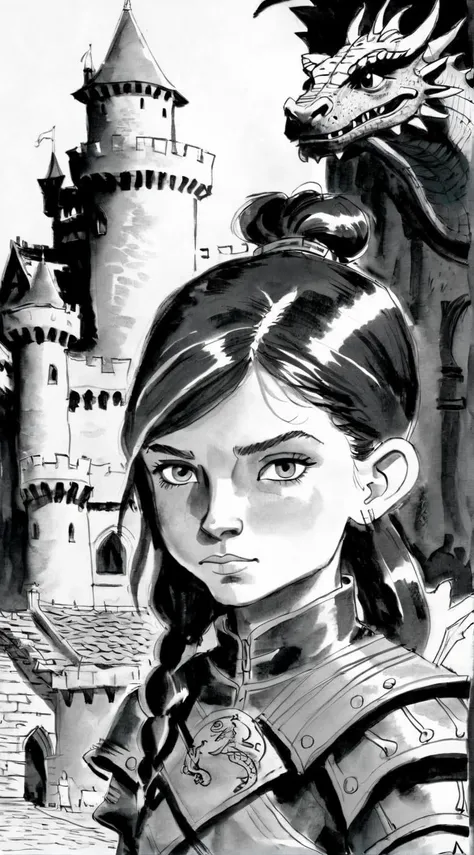 drawix2 closeup portrait of a warrior girl in the background of a castle and dragons<lora:drawix2:1>