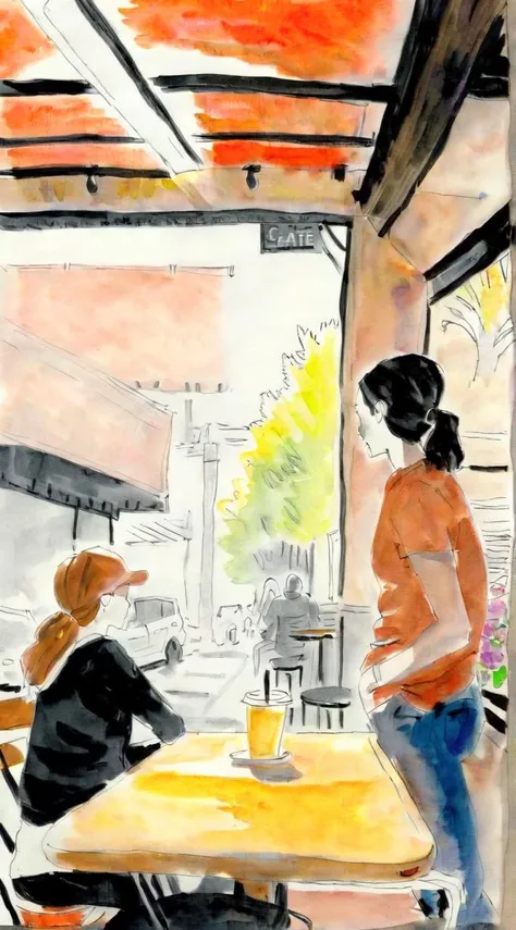 drawix2 girl in a cafe in the background people colorful<lora:drawix2:1>