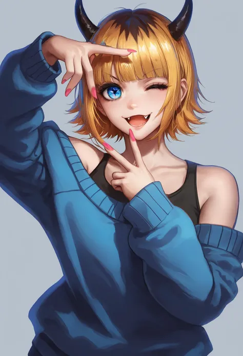 (score_9,score_8_up,score_7_up),source_anime,
1girl,demon_horns,solo,upper_body,fang,blonde_hair,multicolored_hair,short_hair,roots_\(hair\),highres,:3,black_shirt,blue_eyes,blue_sweater,commentary,covered_collarbone,grey_background,long_sleeves,looking_at_viewer,memcho,nail_polish,off_shoulder,one_eye_closed,open_mouth,pink_nails,pointing_at_self,simple_background,sleeveless_shirt,<lora:oshi_no_ko:1>,