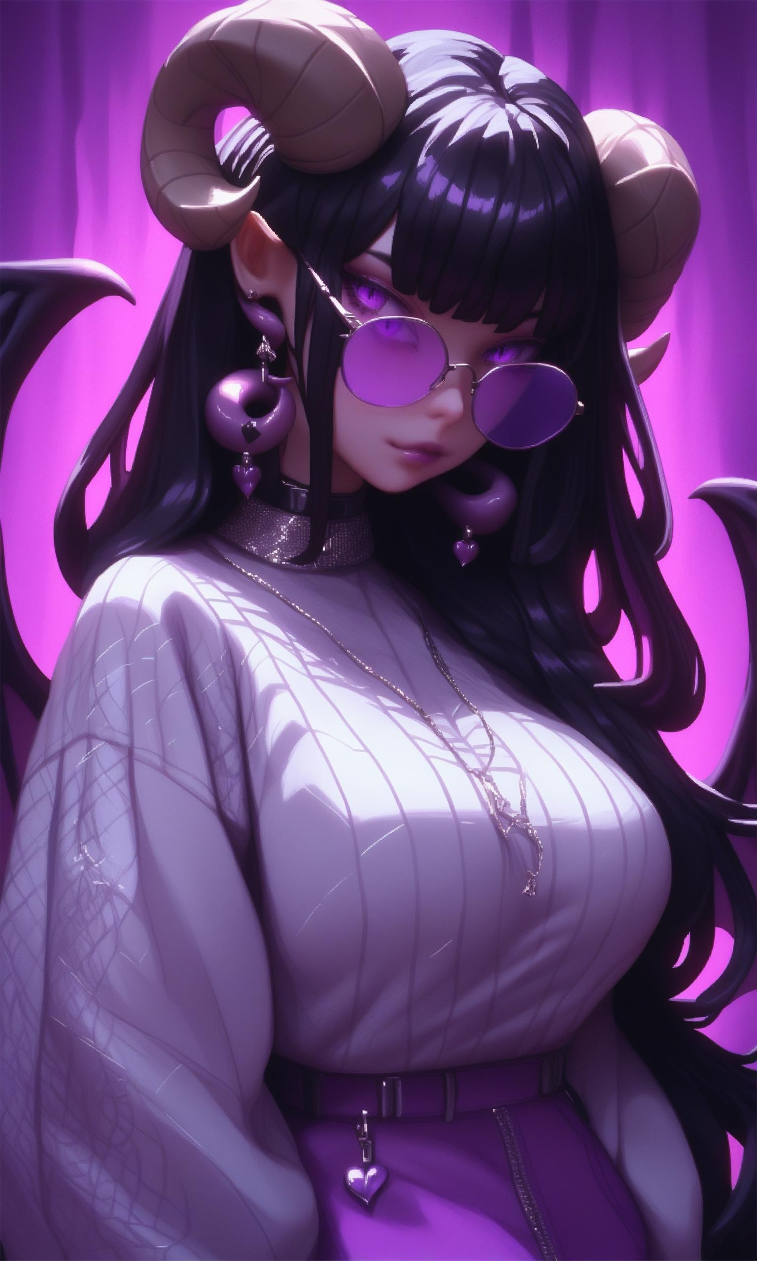Anime girl with horns and purple glasses posing for a picture - SeaArt AI