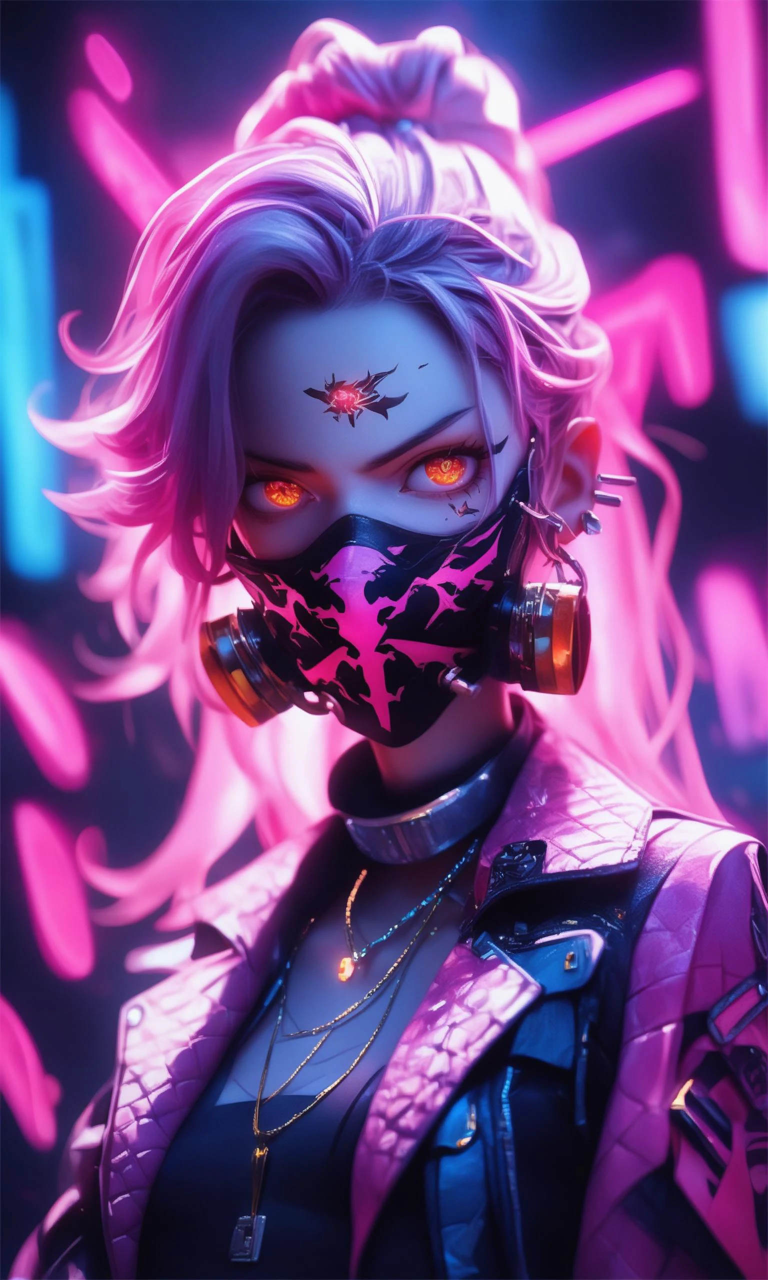 score_9,score_8_up,score_7_up,score_6_up,score_5_up,score_4_up,She moves with fluid grace,their luminescent skin reflecting the neon glow of the futuristic skyline. Their otherworldly eyes,pulsating with hues of violet and amber,scowl,body scales,portrait,wearing a full faced mask,emitting glowing energy,intense gaze,hair made of gold,small breasts,