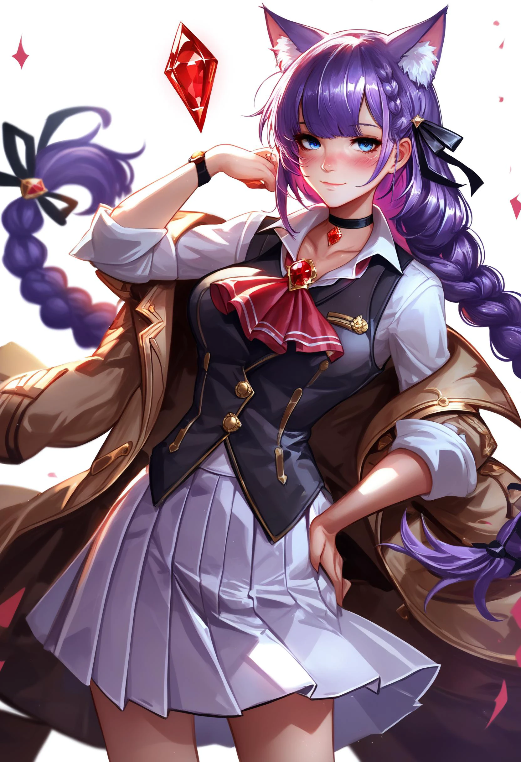 1girl,
(score_9:1.1), (score_8_up:1.1), (score_7_up:1.1), animal ears, solo, long hair, blue eyes, white background, simple background, purple hair, brown coat, animal ear fluff, coat, white skirt, ascot, looking at viewer, choker, skirt, shirt, off shoulder, cat ears, black vest, white shirt, hand on own hip, vest, long sleeves, red ascot, braid, open clothes, ribbon, hair ribbon, blush, black choker, closed mouth, black ribbon, open coat, cat girl, pleated skirt, collared shirt, red gemstone, brooch, hair intakes, single sidelock, wing collar, single braid, gem, side braid, light smile, jewelry, hand up, gem \(azur lane\), sleeves rolled up, collarbone