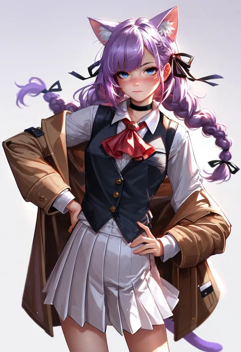 (score_9,score_8_up,score_7_up),
 1girl, animal ears, solo, long hair, blue eyes, white background, simple background, purple hair, brown coat, animal ear fluff, coat, white skirt, ascot, looking at viewer, choker, skirt, shirt, off shoulder, cat ears, black vest, white shirt, hand on own hip, vest, long sleeves, red ascot, braid, open clothes, ribbon, hair ribbon, blush, black choker, closed mouth, black ribbon, open coat, cat girl, pleated skirt, collared shirt