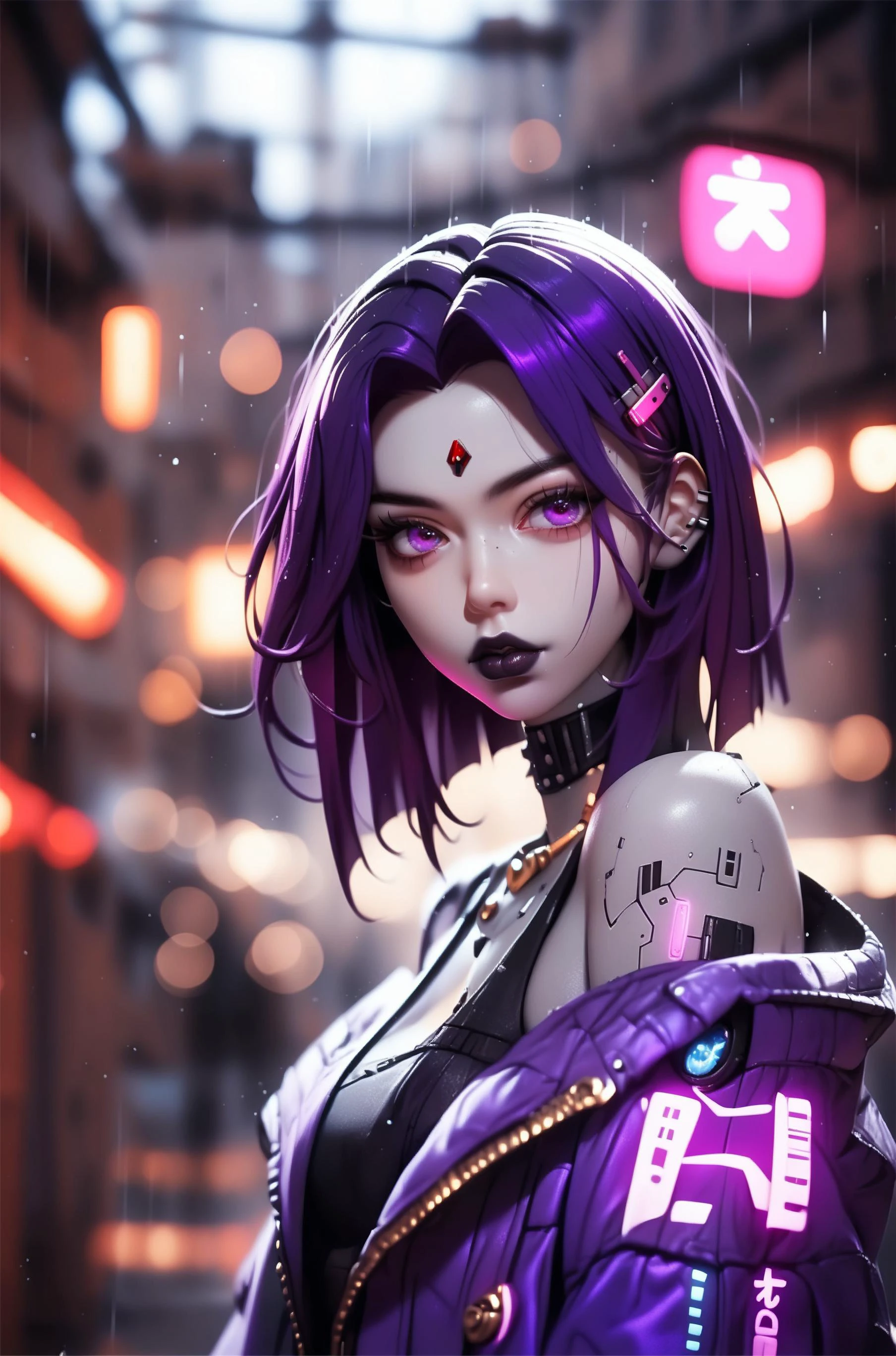 score_9, score_8_up, score_7_up, score_6_up, score_5_up, score_4_up, rating_safe, (masterpiece, detailed eyes, beautiful eyes, detailed background), (vibrant:0.8), cyber 3d, BREAK 1girl, Raven \( Titans\), (android:1.1), solo, short hair, purple hair, colored eyes, (dark purple) eyes, (grey body, grey skin:1.3), black lipstick, science fiction, futuristic, cyberpunk attire, black|purple jacket, open jacket, (from side:0.7), looking at viewer, BREAK city background, (alley:1.1), debris, (fog:1.1), (neon lights:0.55), rain, (at night:1.2), glowy luminescence, depth of field, full body, <lora:CyberPony:1.0>