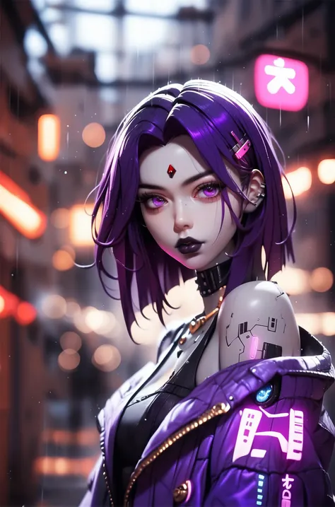 score_9, score_8_up, score_7_up, score_6_up, score_5_up, score_4_up, rating_safe, (masterpiece, detailed eyes, beautiful eyes, detailed background), (vibrant:0.8), cyber 3d, BREAK 1girl, Raven \(Teen Titans\), (android:1.1), solo, short hair, purple hair, colored eyes, (dark purple) eyes, (grey body, grey skin:1.3), black lipstick, science fiction, futuristic, cyberpunk attire, black|purple jacket, open jacket, (from side:0.7), looking at viewer, BREAK city background, (alley:1.1), debris, (fog:1.1), (neon lights:0.55), rain, (at night:1.2), glowy luminescence, depth of field, full body,  <lora:CyberPony:1.0>