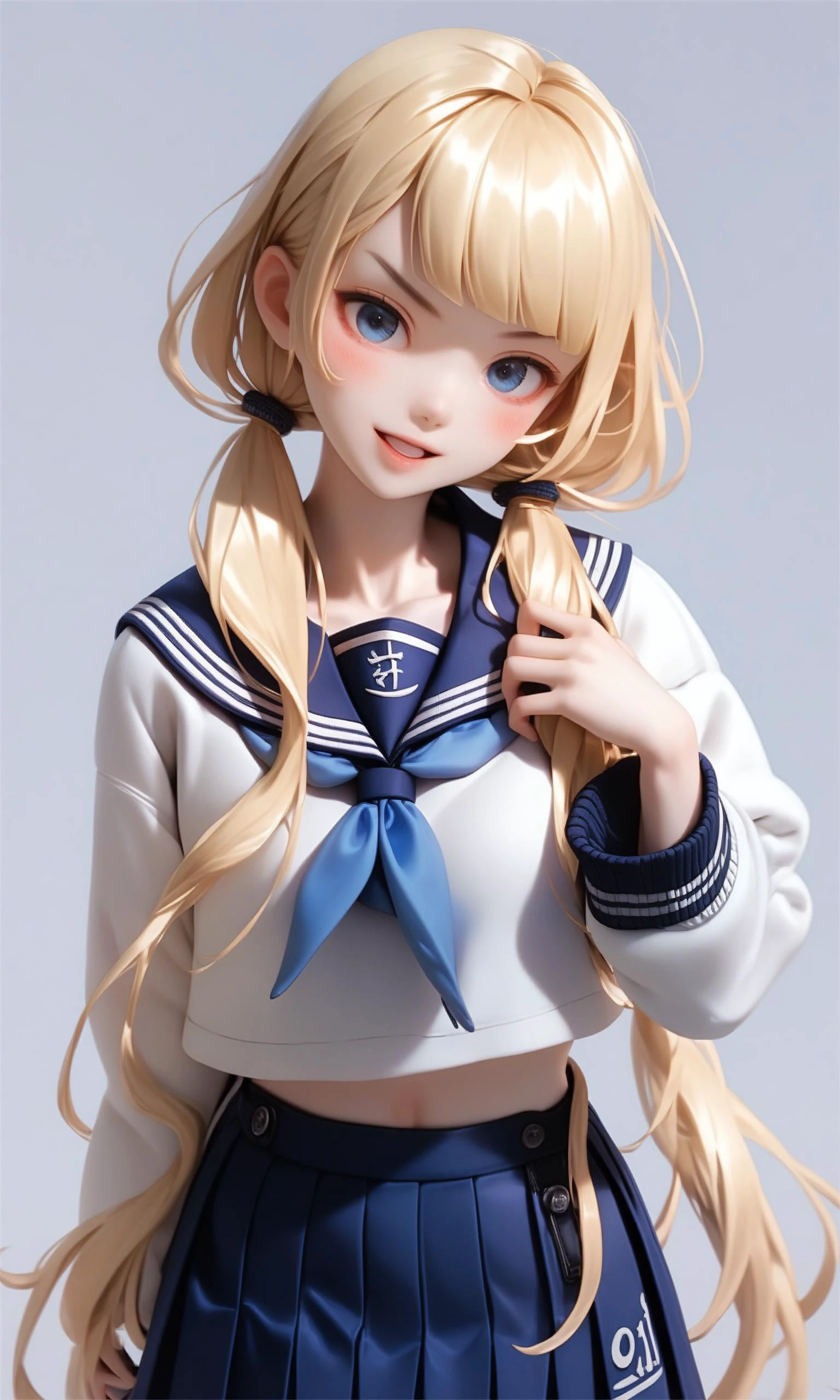 1girl,
score_9, score_8_up, score_7_up, score_6_up, score_5_up, score_4_up, collarbone, cowboy shot, grey background, light blue background, sleeve cuffs, blue sailor collar, very long hair, white background, open mouth, swept bangs, arm at side, sidelocks, hair tie, school uniform, solo, blue eyes, looking at viewer, gradient background, artist name, blunt bangs, eyebrows hidden by hair, buttons, parted bangs, low twintails, :d, cardigan, parted lips, sailor collar, skirt, hair over shoulder, neckerchief, serafuku, long sleeves, sleeves past wrists, twintails, standing, white cardigan, long hair, hand on own chest, dated, simple background, miniskirt, head tilt, blue skirt, smile, signature, blue neckerchief, blush, pleated skirt, winter uniform, blonde hair, hand up, v-shaped eyebrows