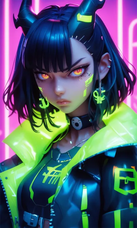 score_9,score_8_up,score_7_up,score_6_up,score_5_up,score_4_up,game cg,She moves with fluid grace,pulsating with hues of violet and amber,and somewhat melancholic,slender adult body,scowl,edgy,carapace,dragon horns,body scaleswhich adds to the futuristic feel. They are wearing what appears to be a high-tech jacket with glowing neon green accents,suggesting advanced technology or a fashion statement rooted in a dystopian future. There are also elements that resemble digital interfaces or holograms projected on their clothing and neck area,further enhancing the cybernetic theme. The overall mood of the image is cool,inviting viewers into a world where technology and humanity intertwine in complex ways.,their luminescent skin reflecting the neon glow of the futuristic skyline. Their otherworldly eyes,