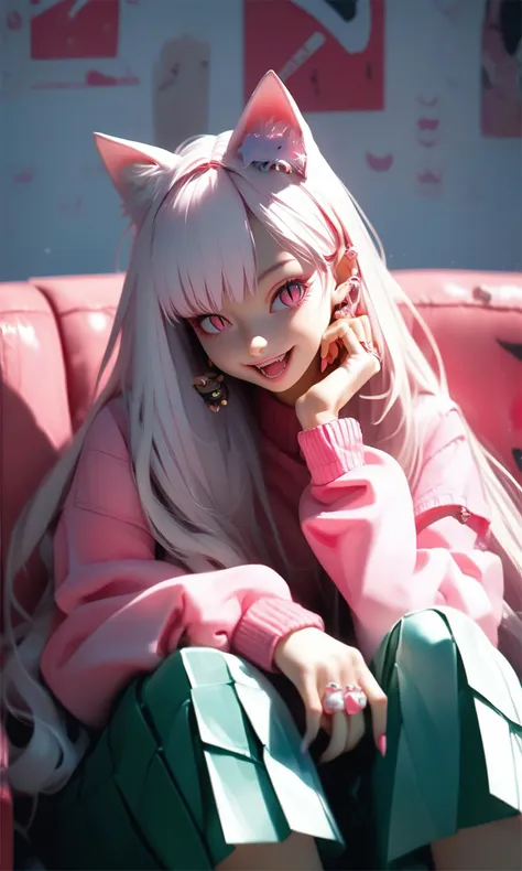 score_9,score_8_up,score_7_up,score_6_up,score_5_up,score_4_up,
1girl,solo,very long hair,cat ears,slit pupils,(big breasts:0.6),girl with a cat,sitting,couch,looking at you,pink shirt,long sleeves,pleated skirt,happy,sitting,