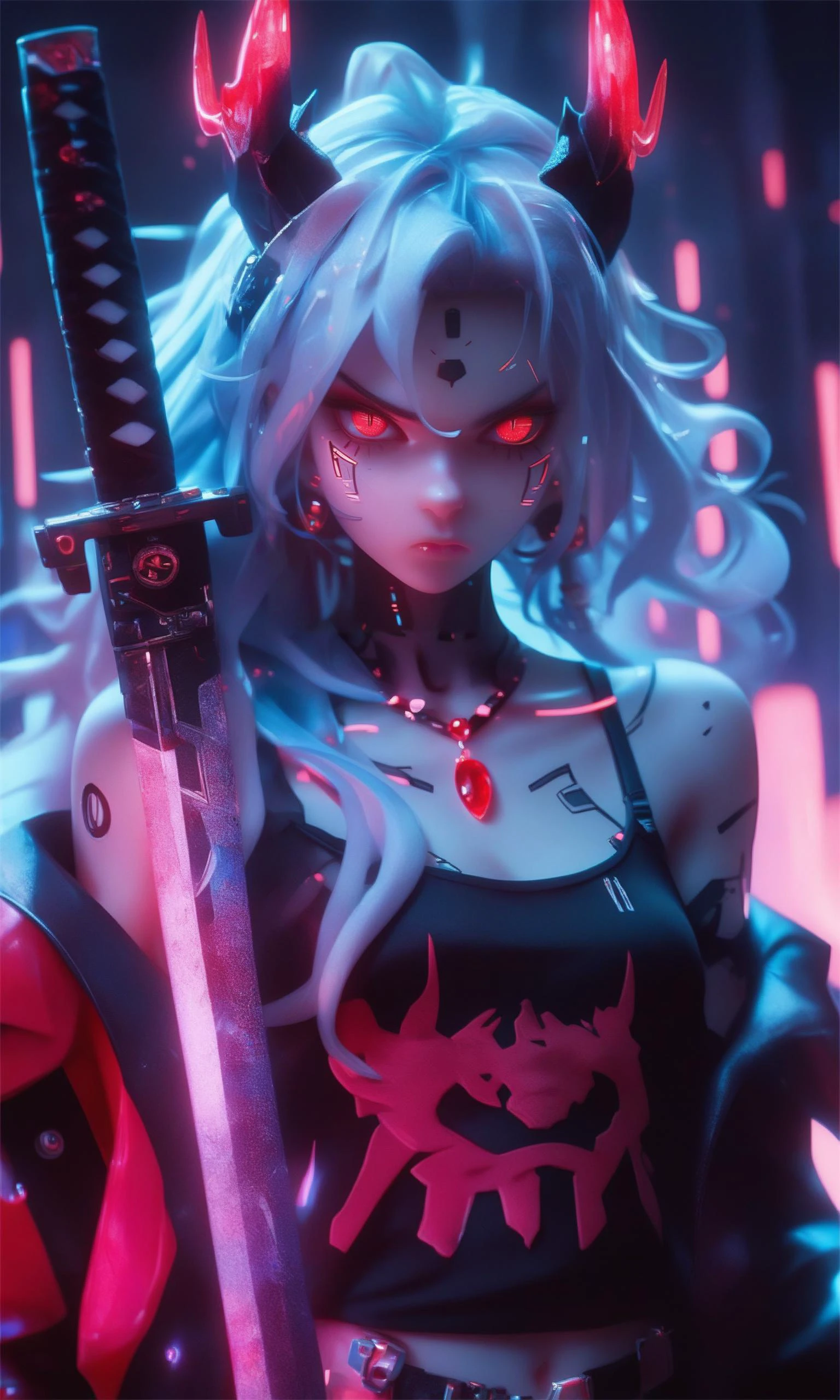 score_9,score_8_up,score_7_up,score_6_up,score_5_up,score_4_up,giving it an almost fluid appearance. It's adorned with intricate details such as glowing red jewels or lenses that punctuate the surface,slender adult body,scowl,edgy,carapace,dragon horns,Camisole,depending on one's interpretation.,further enhancing the cybernetic theme. The overall mood of the image is cool,slender adult body,reminiscent of a blend between human and machine. The suit is predominantly black with striking red accents that highlight its contours,bored expression,their luminescent skin reflecting the neon glow of the futuristic skyline. Their otherworldly eyes,a long,luminescent sword emitting a bright blue light,
