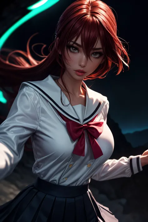 (ultra realistic,32k,RAW photo:1.1),(high detailed skin:1.1), 8k uhd, dslr, high quality, film grain, (makeup, mascara:1.1), lips,(thick\lips\),
(shiny glossy translucent clothing:1.1), <lora:kita_ikuyo:0.7>kita ikuyo, white sailor collar, long sleeves, collarbone, red bow, solo, school uniform, skirt, pleated skirt, black skirt, 1girl, bow, hair between eyes, <lora:add_detail:0.88>, (huge breast:0.7), (upper body:1.2),
Leaping with legs extended,
(busty:1.1) , (chubby:0.1),(glow in the dark:1.2), <lora:LowRA:0.4>, dark theme crystal veil, shimmering crystals, mystical barrier, realm of magical protection