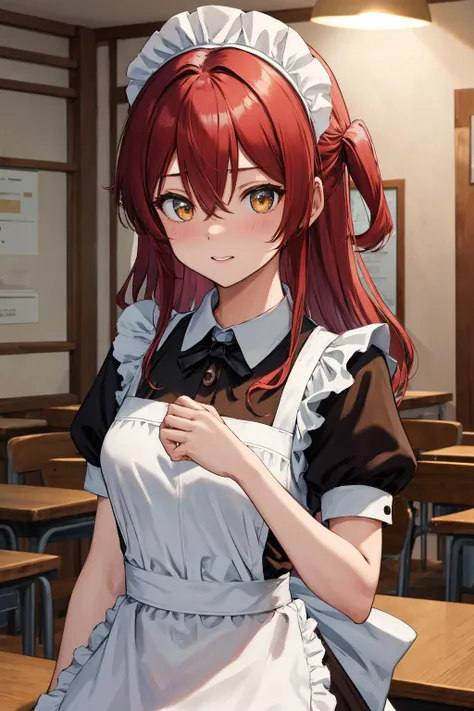 An anime girl with red hair and blue eyes wearing a skirt and an open shirt revealing a black and red bra