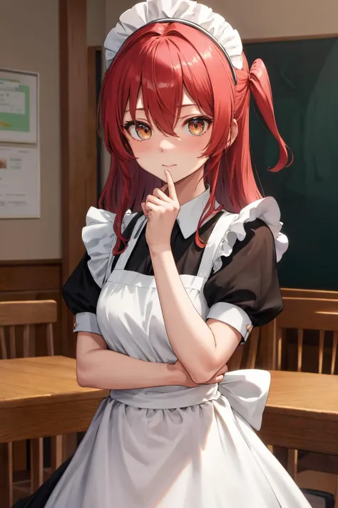 kita ikuyo, dress, short sleeves, looking at viewer,  puffy short sleeves, solo, maid headdress, blush, maid apron, white apron, maid, black dress, puffy sleeves,  upper body, 1girl, hair between eyes <lora:kita_ikuyo:0.8>,
, indoor, maid café, school festival,
 <lora:GoodHands-vanilla:1>
