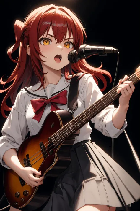 kita ikuyo, 1girl,  upper body, red hair, yellow eyes, looking at viewer,  <lora:kita_ikuyo:1>
serafuku, bow, skirt, instrument, microphone, guitar, singing, playing instrument, holding instrument, bass