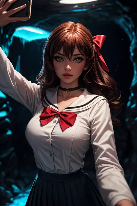1 girl,huge breasts, long hair, (high quality,8 K,black hair, realistic, Best quality,masterpiece,Ultra detailed, absurdity)1.5,((SAMA1, tiara, sailor-senshi uniform, White gloves, red sailor collar, Red dress)),night city,White gloves,purple bow,Purple eye, (Magic world,fire),high heels,