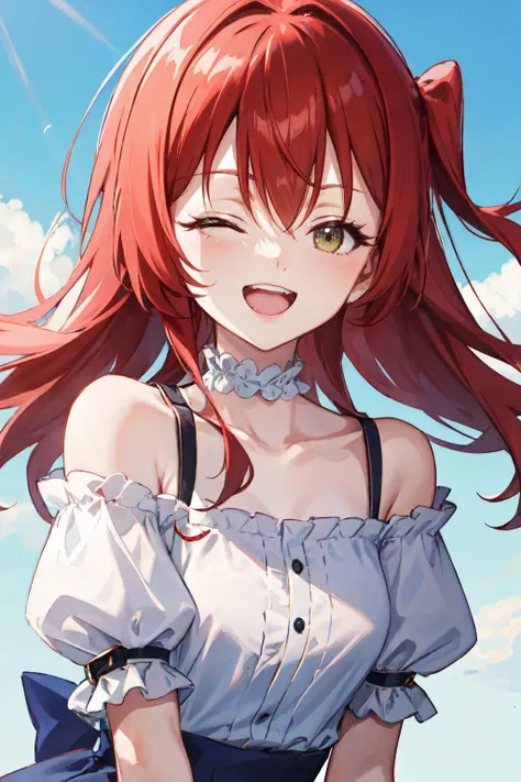 1girl,masterclass,best quality, illustration, solo, RirikaBase, hairclip, sunglassses on head, choker, sleeveless shirt, belt, skirt, fur jacket, cropped jacket, open mouth, smile, one eyes closed,on bed,blush, large breasts,sitting, thigh gap, arm on bed