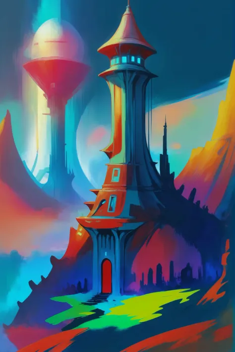 digital painting, far future scifi, belltower in a cheerful fantasy mountainside topia beyond the end of reality, masterpiece,amazing,Enchanted scifi arcology at the beginning of reality<lora:EnvyStarlightConfetti01:1>