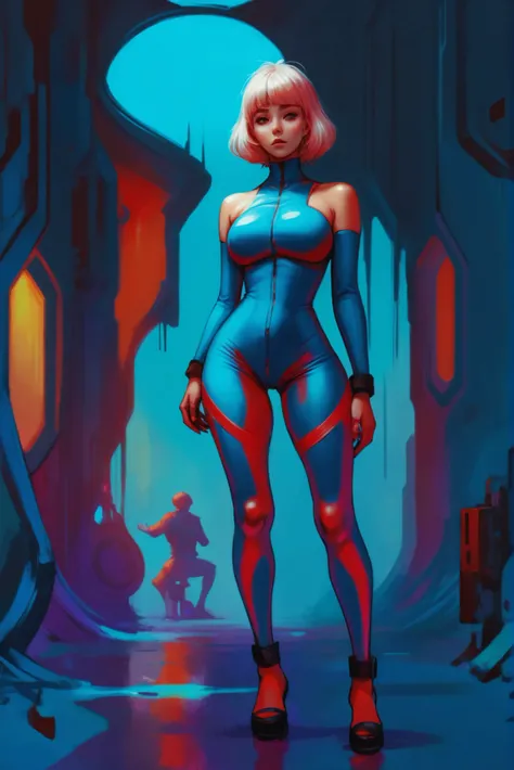 digital painting, far future scifi, subterranean,dilapidated scifi settlement at the end of reality,Throne of the World, scifi, magitech,retro-futuristic,"new weird", diplomat, full body, wearing skin-tight plugsuit<lora:EnvyStarlightConfetti01:1>