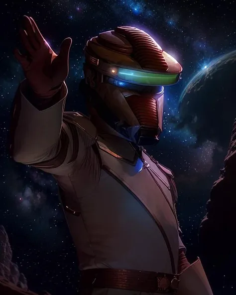 <lora:breen_lora:0.8>, breen, medium shot, digital art illustration of a breen man, wearing breen uniform and breen mask, light brown gloves, centered subject, waving hello, outside, location surface of an alien planet, stars in sky, nebula, night time, artstation, pixiv, highly detailed, 8k, outdoors
