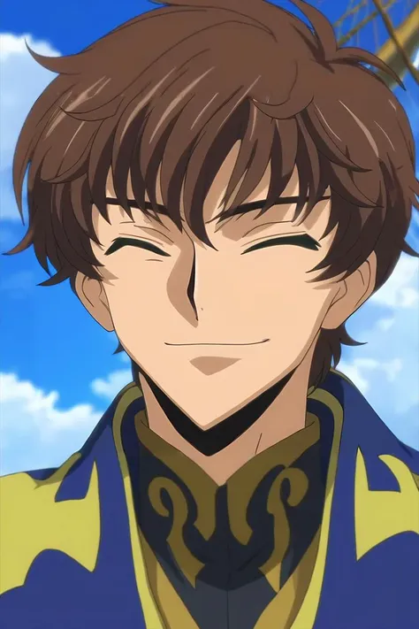 score_9, score_8_up, score_7_up, source_anime, rating_safe, , anime screencap, anime coloring, , , depth of field, 1boy, solo, male focus, <lora:suzaku_kururugi_pony:0.88>, suzaku_kururugi, brown hair, green eyes, close-up, pirate ship, day, clouds, hands on hips, (closed eyes:1.2), smile, , <lora:sdxl_lightning_8step_lora:1>