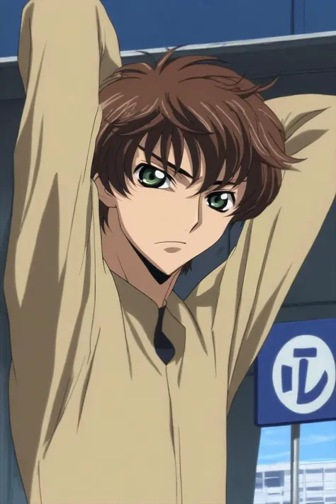 score_9, score_8_up, score_7_up, source_anime, rating_safe, intricate details, (realistic:0.6), looking at viewer, , 1boy, solo, male focus, <lora:suzaku_kururugi_pony:0.94>, suzaku_kururugi, brown hair, green eyes, rule of thirds, bus stop, day, arms up, sad, , <lora:sdxl_lightning_8step_lora:1>