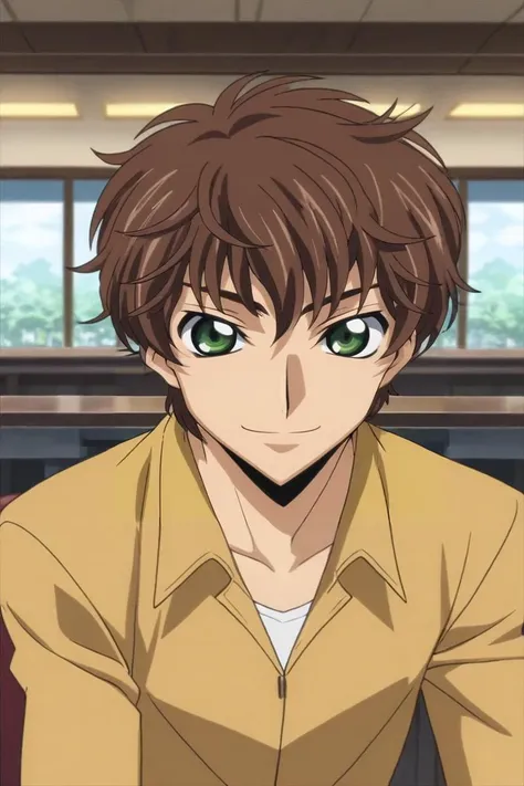 score_9, score_8_up, score_7_up, source_anime, rating_safe, , anime screencap, , , looking at viewer, , 1boy, solo, male focus, <lora:suzaku_kururugi_pony:1>, suzaku_kururugi, brown hair, green eyes, focused, restaurant, indoors, slouching, smile, , <lora:sdxl_lightning_8step_lora:1>