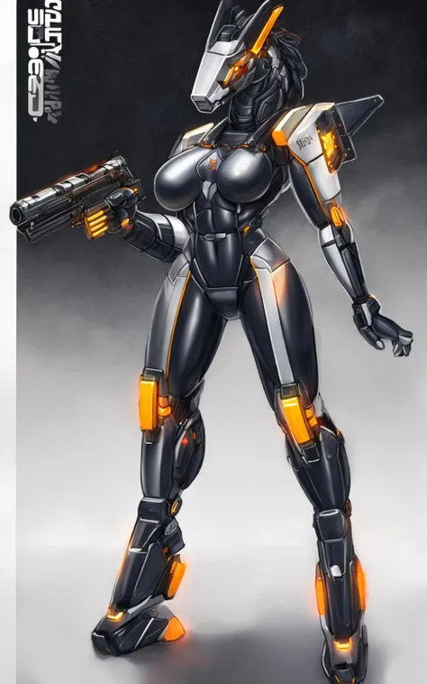 ((Best quality, masterpiece, ultra high resolution)),((full body)),standing, <lora:Oatmegaplus Style:1>,oatmegaplus,mecha,female, breast,synth,holding gun
