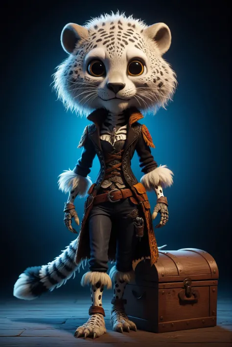 professional 3d model of full body shot of surrealistic full body shot, cinematic film still of strybk, A surreal a cute bold female creature with leopard skin:1.3 , dressed as a pirat, realistic fur, realistic whiskers, detailed reflective eyes, detailed eyes, hyperdetailed, intricated, fantasy, by Alebrije style:1.5, SFW, with old pistol, disney style, cartoon, 3d style, sitting on a trunk, a skull in the background, <lora:add-detail-xl:2>, <lora:sdxl_lora_pirate:0.6>, <lora:xl_more_art-full_v1:0.3> . dreamlike, subconscious, bizarre, highly detailed, intricate, imaginative, illogical juxtaposition,clear. Whole outfit, clear, sharp, balanced, octane render, highly detailed, volumetric, dramatic lighting