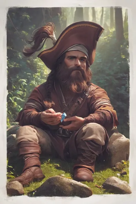 ore_9, score_8_up, source_anime, rating_safe, Fantasy, dwarf, 1boy, long braided hair, ((long beard)), bushy beard,Pirate attire, pirate hat, <lora:sdxl_lora_pirate2:1>, dark blue eyes, Sitting on a rock, holding diamond, centered, portrait, Pine forest, bonfire, photorealistic, facing viewer, Night, up close, detailed face, face focus, full body, solo, looking at viewer,, ((short stack))