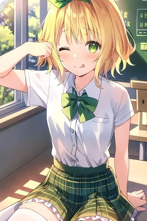 masterpiece, best quality, artbook, 1girl, koga yuika, (blonde hair), short hair, green eyes, green hairband, (green hair bow), (school uniform), (red bowtie), white shirt, frilled skirt, miniskirt, white thighhighs, flowers, the last radiance of the setting sun, outdoors, <lora:yuika:0.8> tehepero,  dojikko pose,  arm up,  licking lips,  one eye closed,  ;q,  >_o,  star \(symbol\),  clenched hand, <lora:teehee:0.8>