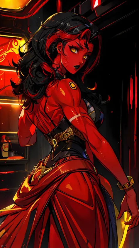 (masterpiece, best quality, ultra-detailed, intricate details),((perfect female figure)),
(beautiful detailed eyes, ultra-detailed, intricate details,perfect_face,perfect_hand),
1 girl,female,((solo:1.5)),full body,sfw,
<lora:RedSheHulk-10:0.8>,RedSheHulk,yellow eyes,(red skin:1.5),black hair,two-tone hair,muscular female,
large breasts,
curly hair:1.2,
sidecut,
hair over breasts,
breast press,
Rear view, hands on hips:1.5,
Wizard's marketplace with magical ingredients and mystical curiosities. background,
Colored neon lights for an edgy and futuristic look (Colored Neon Lights).,
<lora:more_details:0.5>,
Alien Conspiracy Movie Style,
tornado,
<lora:GoodHands-beta2:1>,<lora:PerfectFullBreasts-fCV3.5:1>,breasts,
gown,