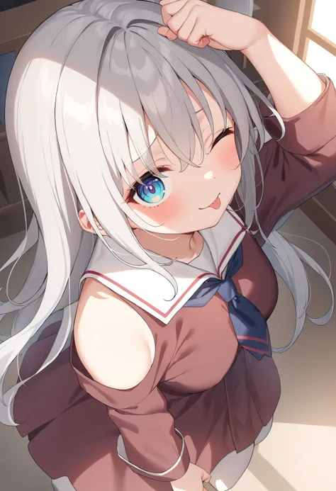 1girl,sincos, ningen mame, toosaka asagi,solo,medium breasts,school uniform,
tehepero, dojikko pose, <lora:tehepero_XL_v1:0.7>
tongue out, one eye closed, arm up, hand up,
from above, panorama shot, looking up, white hair, silver eyes,dark persona, convent, curly hair,,
best quality, very aesthetic, absurdres,