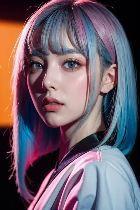 a poster in the style of japanese graphic design,lucy \(cyberpunk\), 1girl, bangs, blue hair, colored tips,grey eyes, jacket, long sleeves, looking at viewer, medium hair, multicolored hair, parted bangs, parted lips, pink hair, portrait, red eyeliner, red lips, solo, white jacket, cyberpunk \(series\), cyberpunk edgerunners <lora:lucy_offset:0.8>Red eye makeup, determined eyes, cold expression,