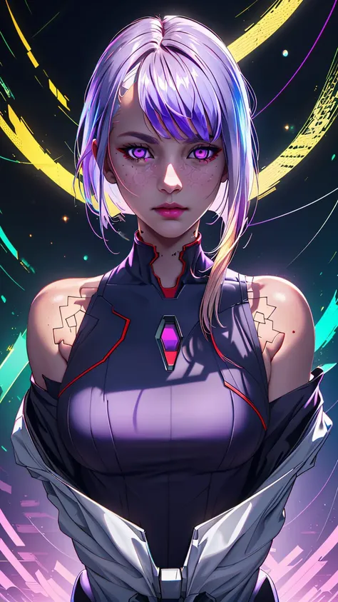 ultra realistic 8k cg,masterpiece,(ultra detailed background, delicate pattern, intricate detail),(highly detailed, fine details),best quality,photorealistic,upper body,<lora:lucy-000042:1>,lucy \(cyberpunk\),purple eye,jackett,cyberspace background,