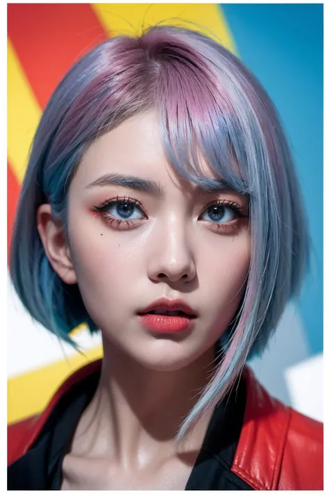 a poster in the style of japanese graphic design,lucy \(cyberpunk\), 1girl, bangs, blue hair, colored tips,grey eyes, jacket, long sleeves, looking at viewer, medium hair, multicolored hair, parted bangs, parted lips, pink hair, portrait, red eyeliner, red lips, solo, white jacket, cyberpunk \(series\), cyberpunk edgerunners <lora:lucy_offset:0.8>