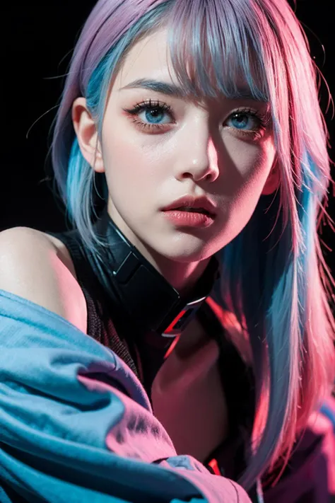 a poster in the style of japanese graphic design,lucy \(cyberpunk\), 1girl, bangs, blue hair, colored tips,grey eyes, jacket, long sleeves, looking at viewer, medium hair, multicolored hair, parted bangs, parted lips, pink hair, portrait, red eyeliner, red lips, solo, white jacket, cyberpunk \(series\), cyberpunk edgerunners <lora:lucy_offset:0.8>Red eye makeup, determined eyes, cold expression,