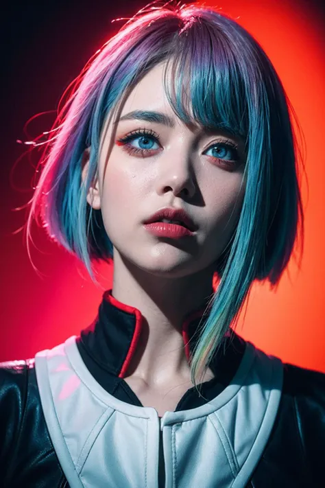 a poster in the style of japanese graphic design,lucy \(cyberpunk\), 1girl, bangs, blue hair, colored tips,grey eyes, jacket, long sleeves, looking at viewer, medium hair, multicolored hair, parted bangs, parted lips, pink hair, portrait, red eyeliner, red lips, solo, white jacket, cyberpunk \(series\), cyberpunk edgerunners <lora:lucy_offset:1>Red eye makeup, determined eyes, cold expression,