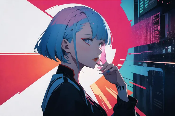 a poster in the style of japanese graphic design,lucy \(cyberpunk\), 1girl, bangs, blue hair, colored tips,grey eyes, jacket, long sleeves, looking at viewer, medium hair, multicolored hair, parted bangs, parted lips, pink hair, portrait, red eyeliner, red lips, solo, white jacket, cyberpunk \(series\), cyberpunk edgerunners <lora:lucy_offset:1>(from_side:1.3)