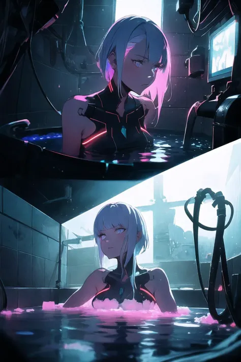 lucy \(cyberpunk\),1girl,, ice, ice cubes, cyborg, (robot joints:0.5) , neon palette, nude, science fiction, short hair, solo, indoors, bathtub, cables, night, half body, submerged in water, dark room, close up, ((mechanical parts))
cyberpunk edgerunners, <lora:lucy_offset:1>