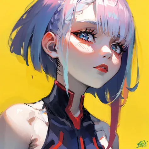 masterpiece, 1girl,<lora:lucyCyberpunk_35Epochs:0.8>, looking at viewer, beautiful eyes, 3d face, lustrous skin, origen, simple background, red hair,